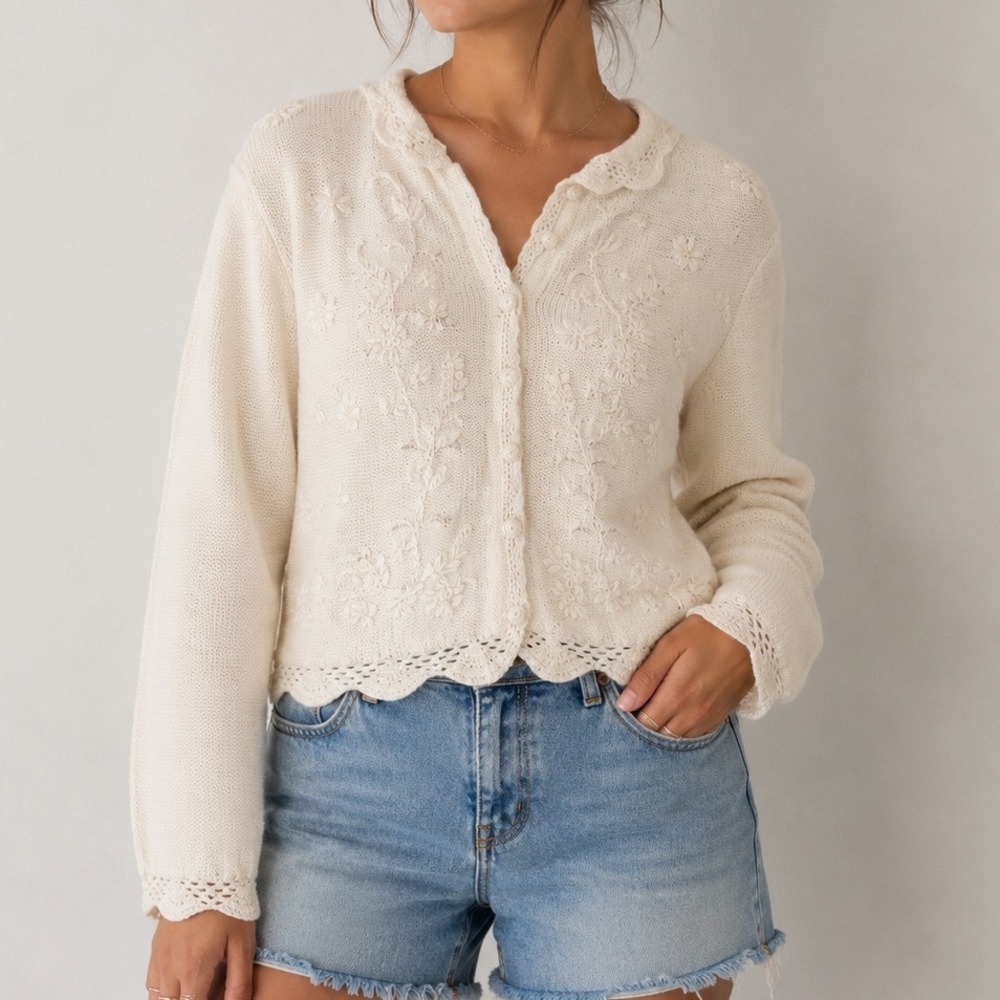 Vintage Heirloom‎ Collectibles Embroidered Cotton Cardigan Sweater L Cottagecore